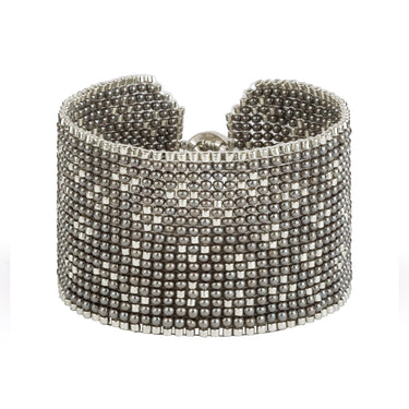 Brazalete Telar Plata Grueso Miniflor Gris Aperlado